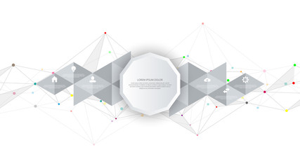Information technology with infographic elements and flat icons. Abstract background with connecting dots and lines. Global network connection, digital technology and communication concept.