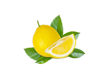 Wall Mural - Isolated lemon fruit. Fresh citrus with lemon slice and green leaves on a white background