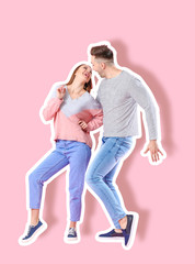 Poster - Happy dancing young couple on color background