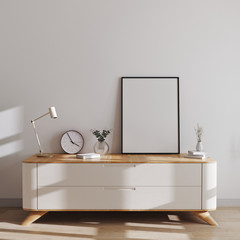 Mockup poster frame in modern scandinavian style interior on minimalistic chest of drawers with decor. Poster or picture frame mockup, 3d rendering