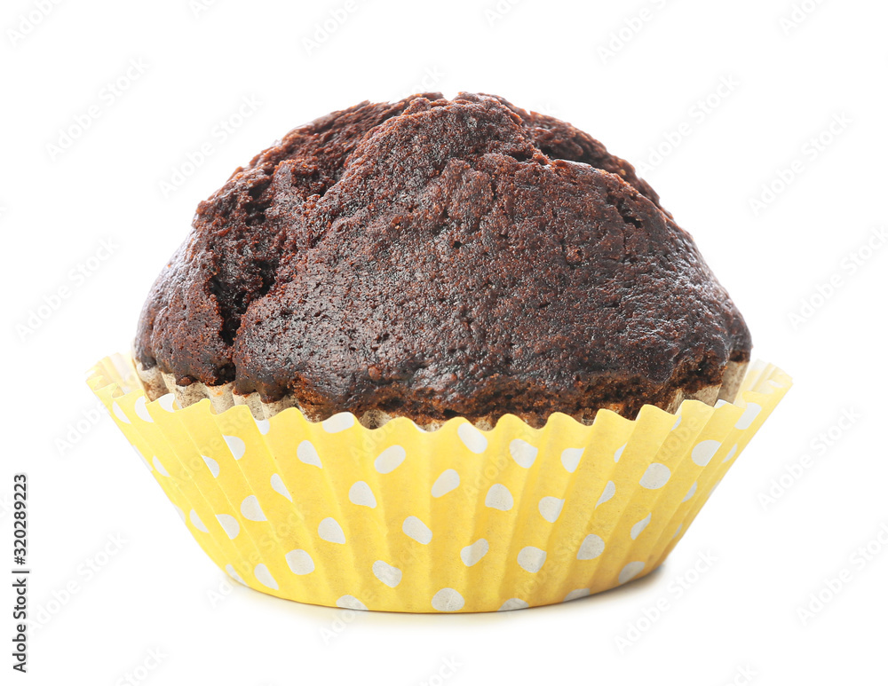 Tasty chocolate muffin on white background