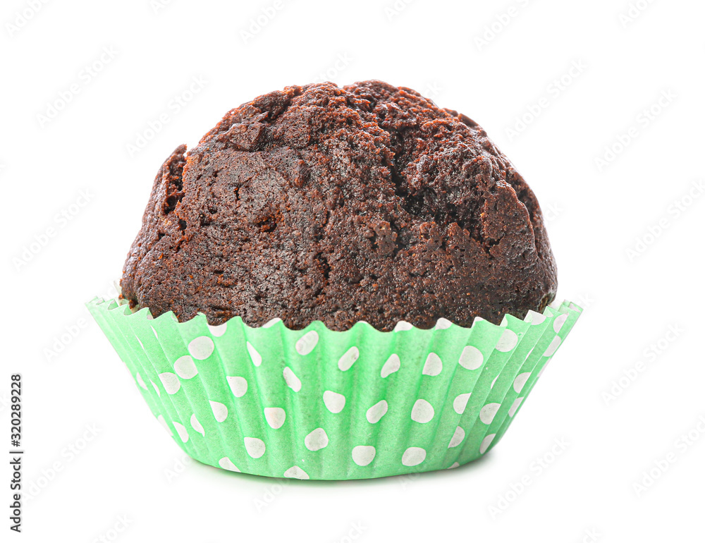 Tasty chocolate muffin on white background