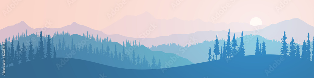 Vector illustration of mountains, ridge in the morning haze, panoramic view. Trees against the setting sun. - obrazy, fototapety, plakaty 