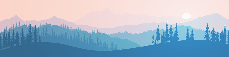 Vector illustration of mountains, ridge in the morning haze, panoramic view. Trees against the setting sun.