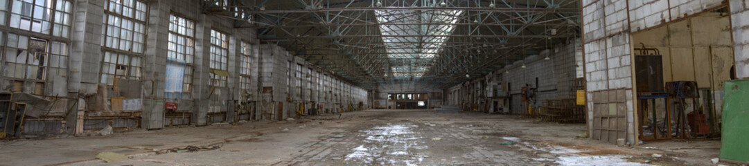  Interior of an abandoned industrial workshop. MIG Aircraft Building Plant in Moscow, Russia