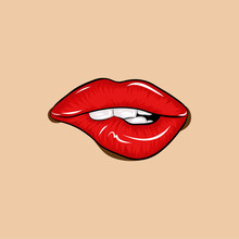 Bite Sexy Lips Drawing - Red Lips Biting Retro Icon Isolated On Skin Color Background. Vector Illustration. Sexy Lips, Bite One's Lip, Female Lips With Red Lipstick.