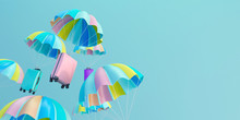 Pastel Luggage Flying With Colorful Parachute On Blue Background.travel Concept. 3d Rendering