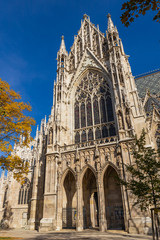 Votivkirche famous gothic church facade and blue sky in Vienna, Austria