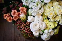 Rose Cappuccino, Brunia, Daffodil, Eustoma, Lisianthus, Ranunculus, Skimia The Most Beautiful Bouquet Of Flowers This Year