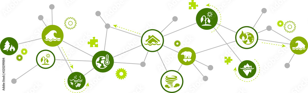 Climate change and global warming consequences vector illustration. Abstract concept with connected icons related to drought, sea level rise, heat, flood and storms. - obrazy, fototapety, plakaty 