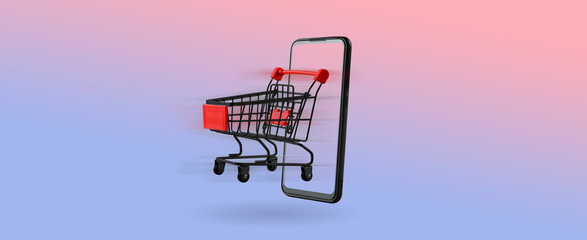 Online digital marketing.  concept. Mobile phone or smartphone with shopping cart, Shopping Online on Website or Mobile Application Concept. Horizontal view.