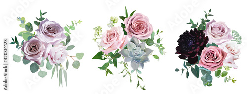 Fotomural Dusty pink and mauve antique rose, pale flowers vector design wedding bouquets