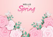 © lim_pix - Hello spring sale background. flowers and tree leaves on soft background . paper art . light and shadow . Vector.