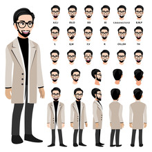 Cartoon Character With Business Man In A Long Coat For Animation. Front, Side, Back, 3-4 View Character. Separate Parts Of Body. Flat Vector Illustration.