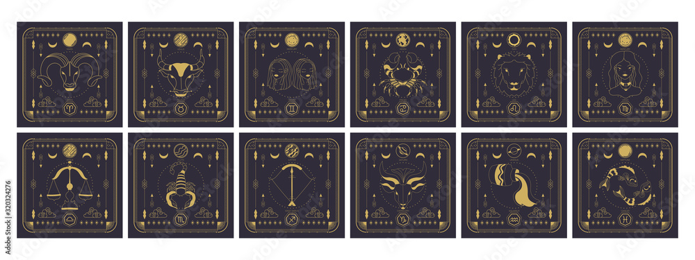 Set of zodiac signs icons. Astrology horoscope with signs and planets. - obrazy, fototapety, plakaty 