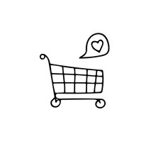 Shopping Cart With Heart Hand Drawn In Doodle Style