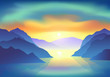 Sunrise with majestic colorful clouds above the mountain lake. Vector illustration, EPS 10.