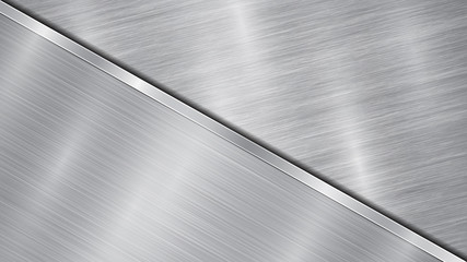 Background in silver and gray colors, consisting of a shiny metallic surface and one big polished plate located in diagonal, with a metal texture, glares and burnished edge