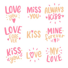 Wall Mural - Set of love lettering stickers. Modern hand drawn typographic feeling words.