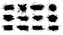 Paint Brush Stains, Ink Splashes, Strokes And Blots Of Different Shapes For Frame, Banner, Label, Text Box, Clipping Masks Or Other Art Design. Vector Grunge Texture Isolated  On White Background.