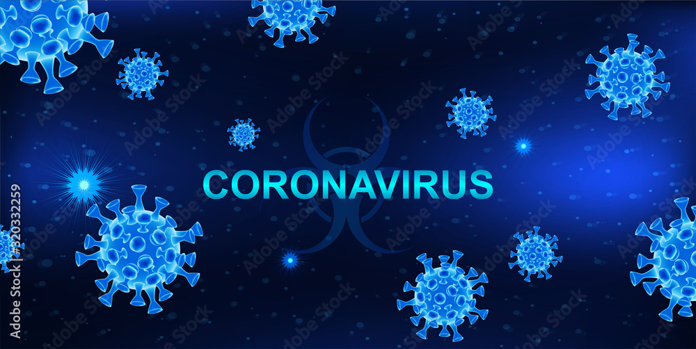 MERS-Cov (middle East respiratory syndrome coronavirus). Dark background with bacteria and the inscription coronavirus. 2019-nCoV concept. 3D elements. Vector illustration - obrazy, fototapety, plakaty 