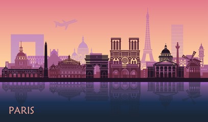 Stylized landscape of Paris with Eiffel tower, arc de Triomphe and Notre Dame Cathedral and other attractions