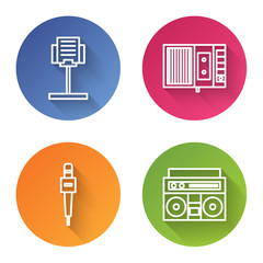 Set line Music stand, Music tape player, Microphone and Home stereo with two speakers. Color circle button. Vector