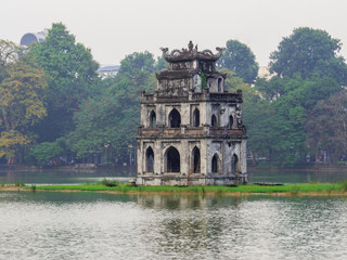 View of the Tourist Tower in the Hoan Kiem Lake in Hanoi, Vietnam