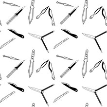 Monochrome seamless pattern with throwing knives and butterfly knives