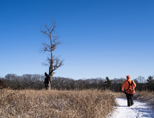 A Hunter Walks Along A Road In Winter Near A Tall Baren Tree