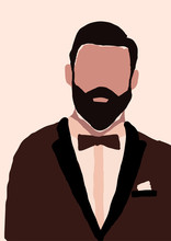 Abstract Modern Young Brutal Man With Beard In Suit Portrait Silhouette. Fashion Minimal Trendy People Face In Paper Cut Mosaic Flat Style. Trendy Minimal Poster Print. Vector Hand Drawn Illustration