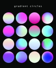 Set Of Vibrant Gradient Spheres Or Circles On Dark Background. 