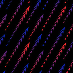 Wall Mural - Abstract geometric seamless pattern with diagonal gradient lines, arrows, triangles, fading shapes, tracks, halftone stripes. Extreme sport style texture, urban art background. Neon red and blue color
