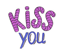 Hand Drawn Lettering KISS YOU In Purple, Blue And Black Colours. Funny Style Letters Good For Card Decoration.