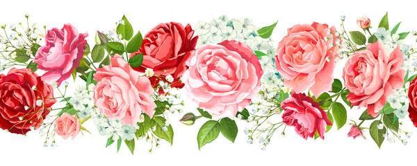 Wall Mural - Vintage floral seamless border with flowers of red, pink, gentle peach Roses, light Phloxes, tender white Gypsophila, buds, greenery isolated on a white background. Vector illustration