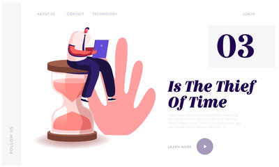 Wall Mural - Procrastination in Business Process Website Landing Page. Businessman Sitting on Hourglass with Laptop in Hands. Time Management, Working Productivity Web Page Banner. Cartoon Flat Vector Illustration