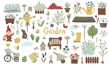 Vector Big Set Of Colored Garden Things, Tools, Flowers, Herbs, Plants. Collection Of Gardening Equipment. Flat Spring Illustration Isolated On White Background. .