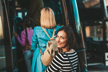 Group People Boarding On Travel Bus.  Traveling, Tourism And Vacation Concept.