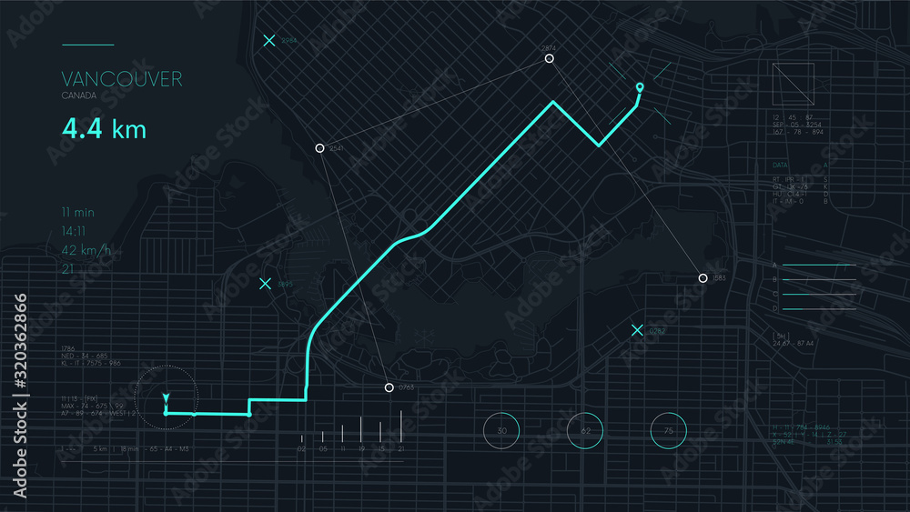 Futuristic route dashboard GPS tracking map, navigate mapping ...