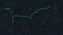 Futuristic travel GPS map or location navigator, navigate mapping technology and final destination on the streets of the city Madrid
