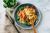 Fototapeta  - Asian food, udon noodles with vegetables, healthy vegetarian menu