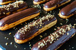  Traditional french eclairs with chocolate. Tasty dessert. Home made cake eclairs  Sweet. Dessert. Pastry filled with cream. Chocolate icing.