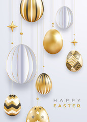 Wall Mural - Easter holiday background with realistic golden decorated eggs, stars balls and text. Poster, flyer, banner on light background. Decorations hanging in the air