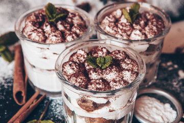 Tiramisu cake in glass, classic Italian dessert with mascarpone cream and cocoa. selective focus.