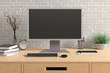 © dimamoroz - Workspace with blank computer monitor black screen mock up on the wooden desk near white brick wall. monitor; screen; computer; mock up;