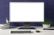 © dimamoroz - Workspace with blank computer monitor white screen mock up on the white desk near blue wall. monitor; screen; computer; mock up;