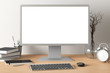 © dimamoroz - Workspace with blank computer monitor white screen mock up on the wooden desk near white wall. monitor; screen; computer; mock up;