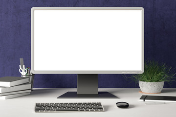 Workspace with blank computer monitor white screen mock up on the white desk near blue wall. monitor; screen; computer; mock up;