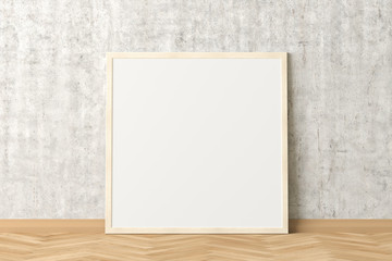 Poster - Blank square poster frame mock up standing on light herringbone parquet floor next to concrete wall. Clipping path around poster. 3d illustration