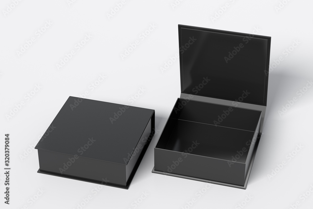 Blank black flat square gift box with open and closed hinged flap lid on white background. Clipping path around box mock up. 3d illustration - obrazy, fototapety, plakaty 